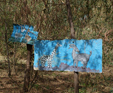 動物たちが森に戻ってくることを願って、子供達が植林地に絵を掲げた